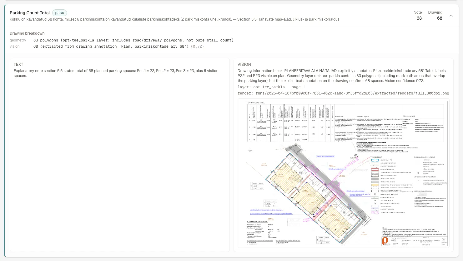 The evidence panel for a check, showing the geometry and vision breakdown alongside the rendered crop of the drawing the value was read from.