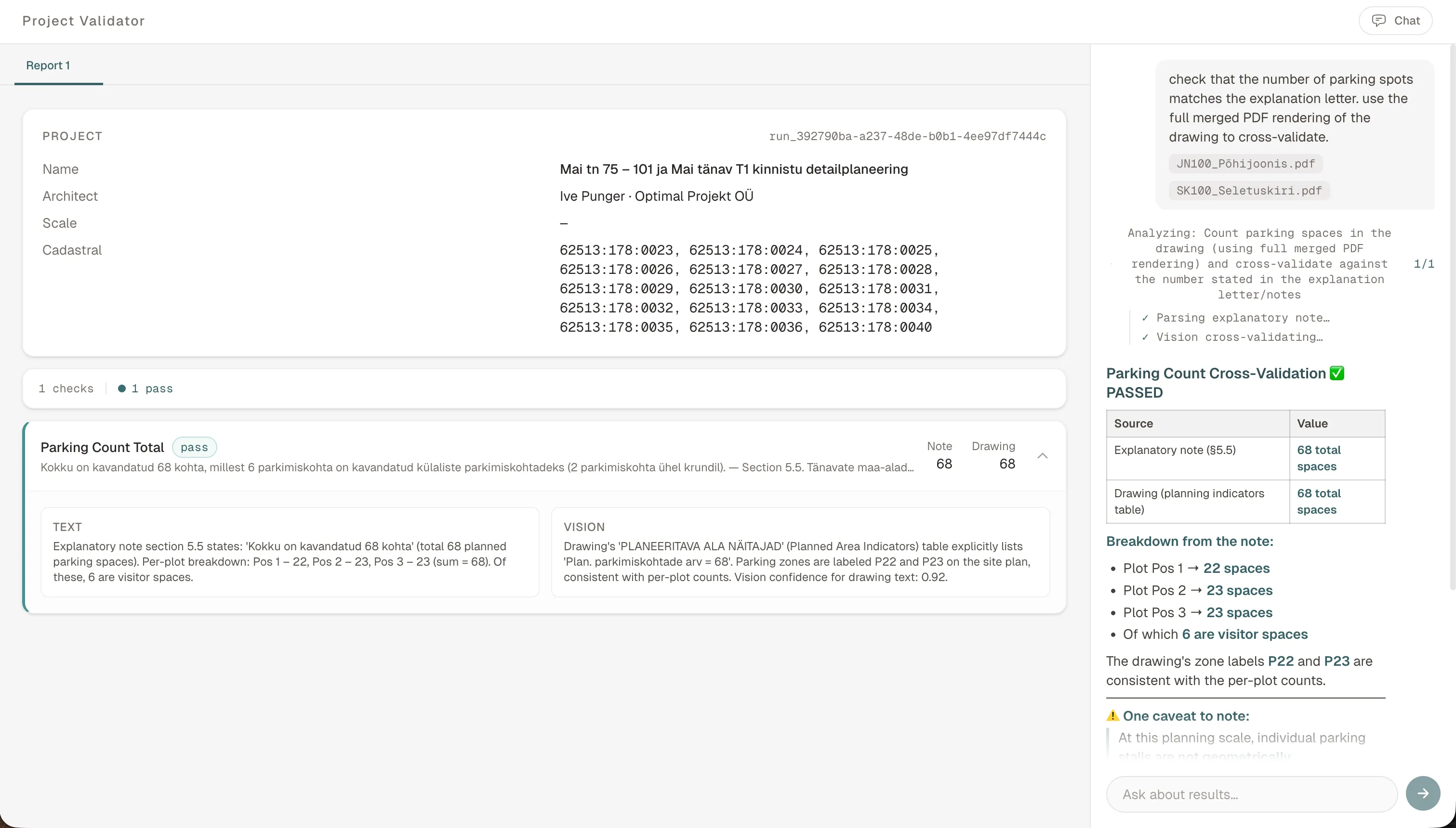 A single parking-count check in the Construction PDF Validator, showing the note value and the drawing value agreeing at 68, with the text and vision findings side by side.