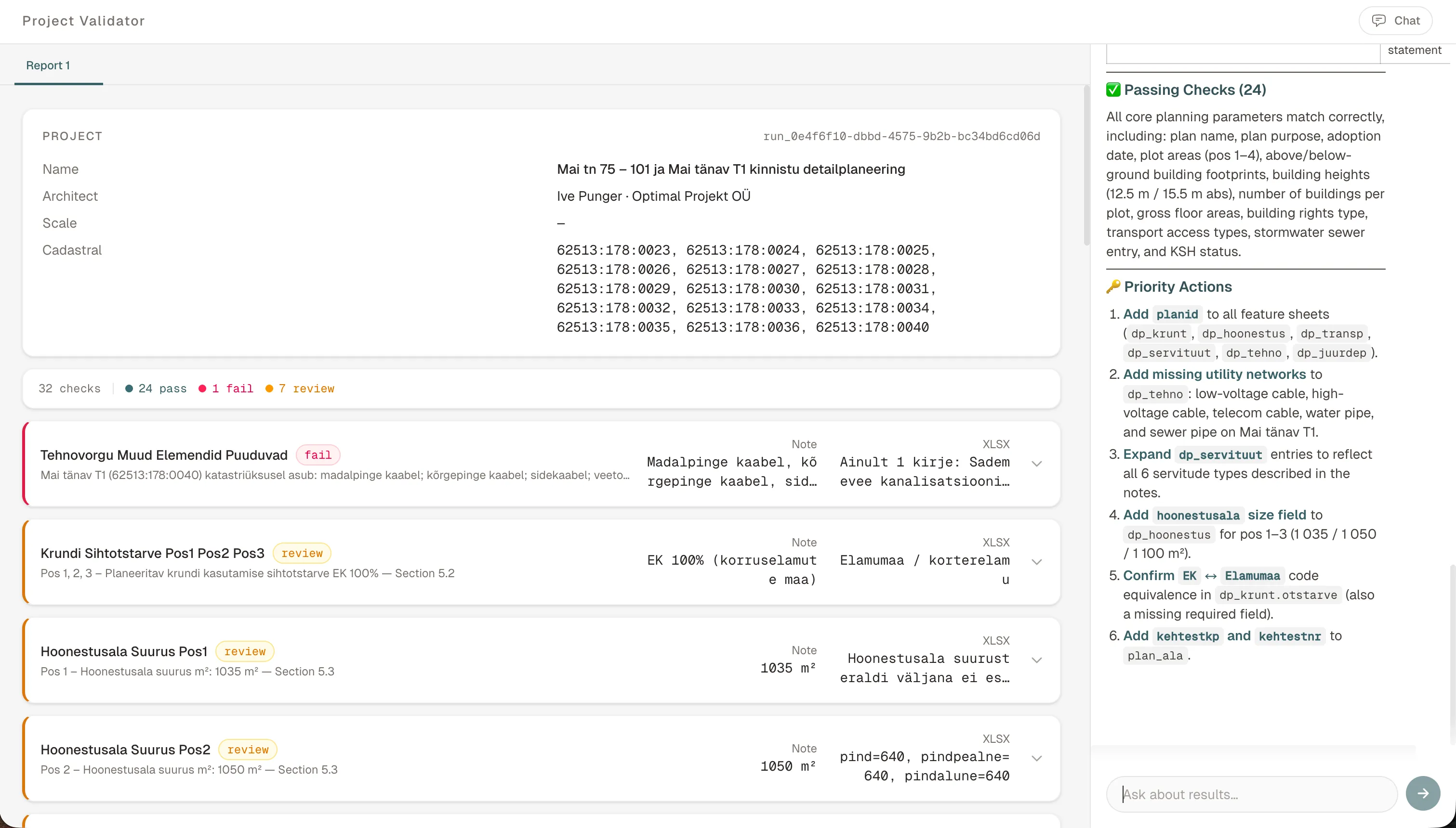 The Construction PDF Validator report view: a project header, a pass / fail / review tally, and a list of individual checks beside a summary panel of priority actions.