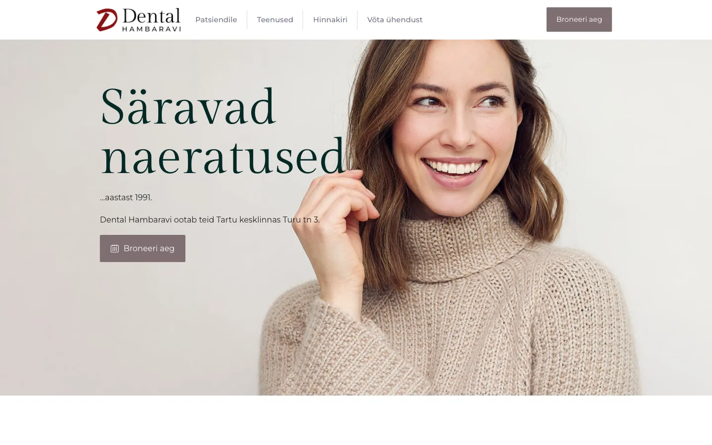 The dental.ee homepage: a serif headline beside a photograph of a smiling patient, with a booking button below.