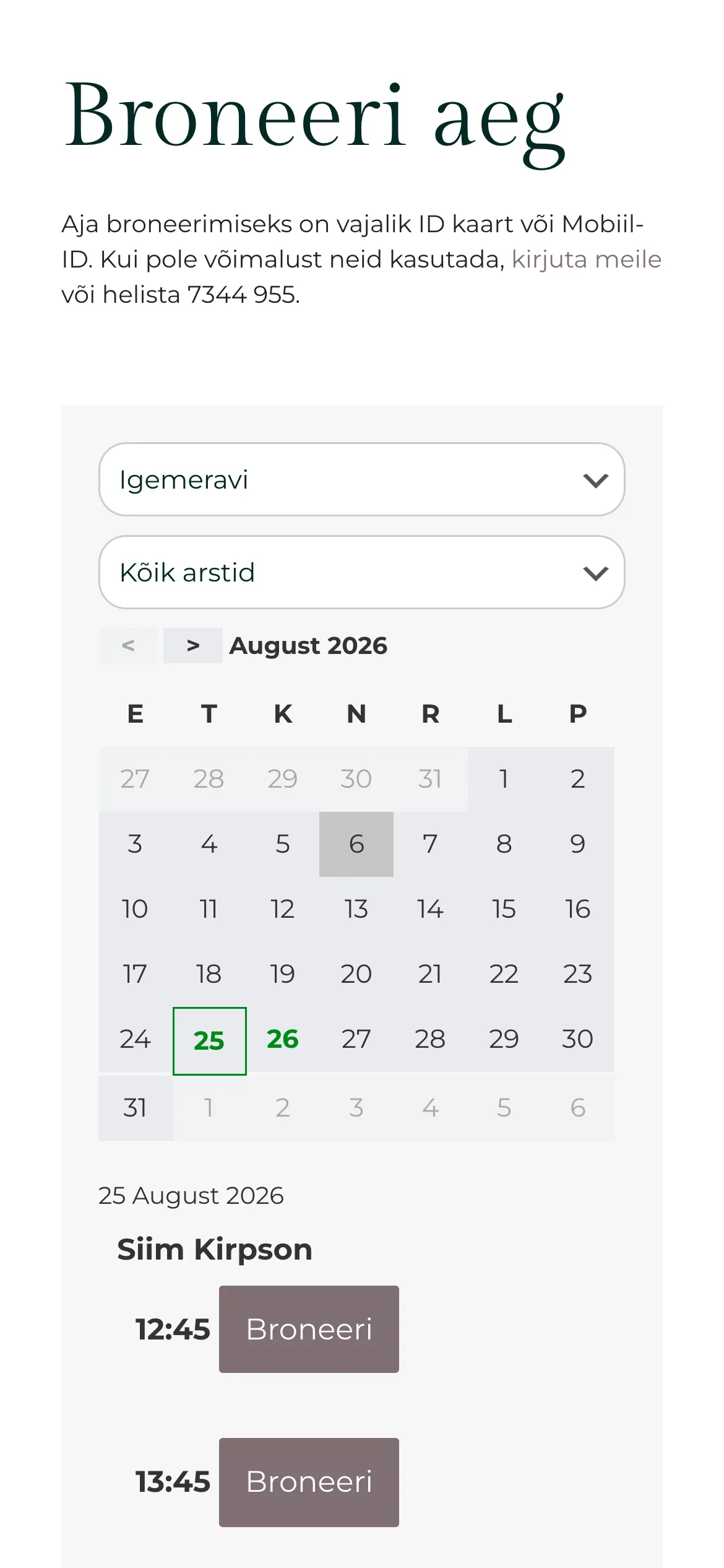 The dental.ee booking page on a phone: treatment and dentist pickers above a month calendar, with the available times listed beneath it.