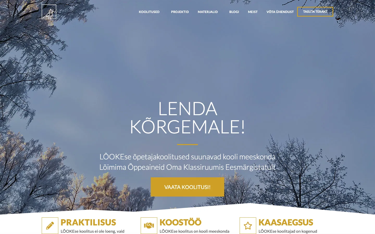 The l6oke.ee homepage: a winter sky photograph with a centred headline and a call to action.