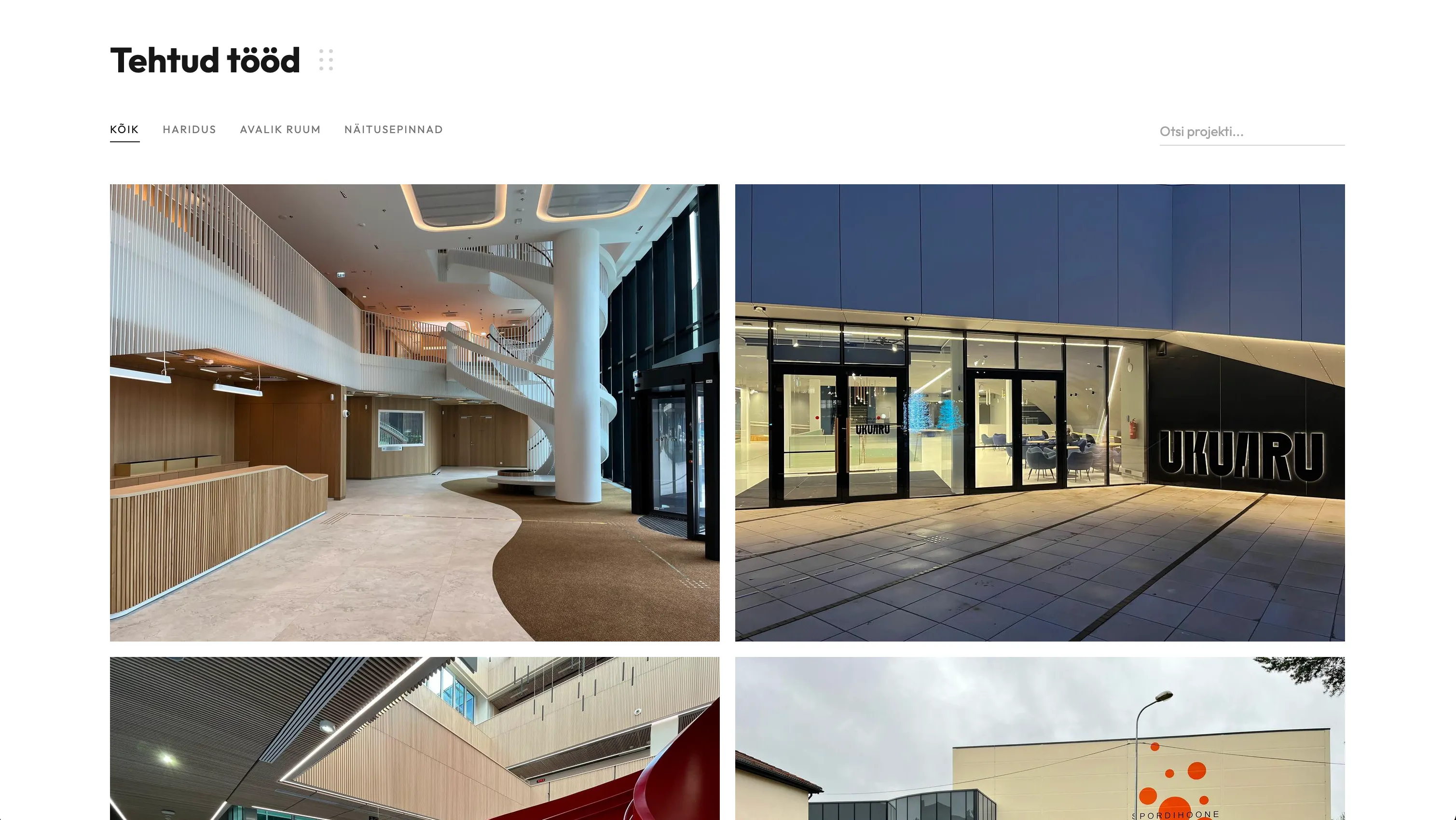 The taktiilne.ee project archive: a filter row above a two-column grid of installation photographs, with a search field on the right.